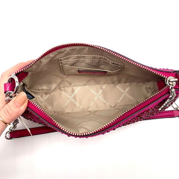 Michael Kors Empire Medium Pink Embellished Suede Chain Link Pouchette Bag - Picture 10 of 12
